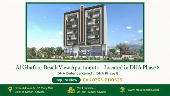 Exterior view of Al Ghafoor Beach View Apartments in DHA Phase 8, featuring a modern façade with balconies and lush landscap