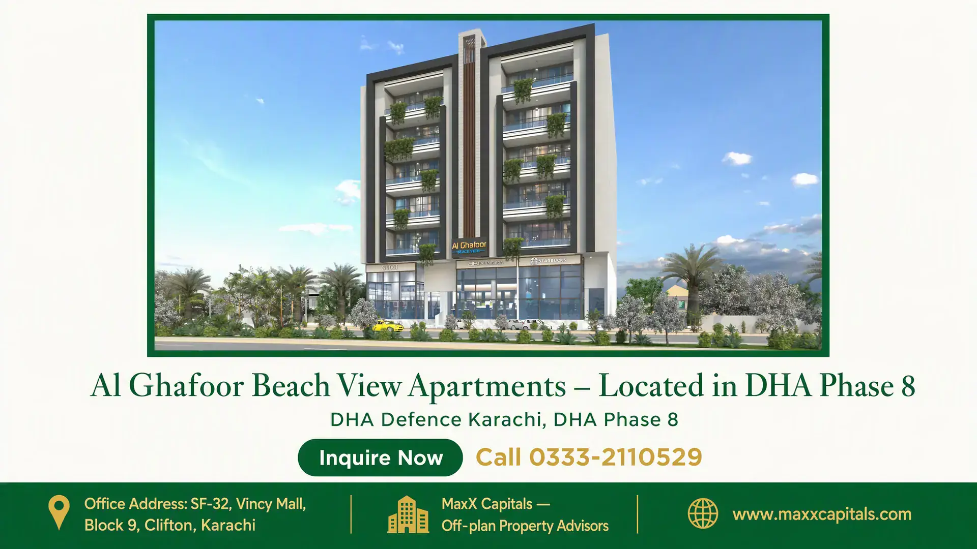 Al Ghafoor Beach View Apartments – Located in DHA Phase 8 Exterior view of Al Ghafoor Beach View Apartments in DHA Phase 8, featuring a modern façade with balconies and lush landscap