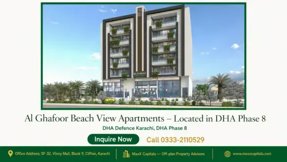 Modern Al Ghafoor Beach View Apartments in DHA Phase 8 with a sleek facade, vertical gardens, and ground-floor retail spaces.