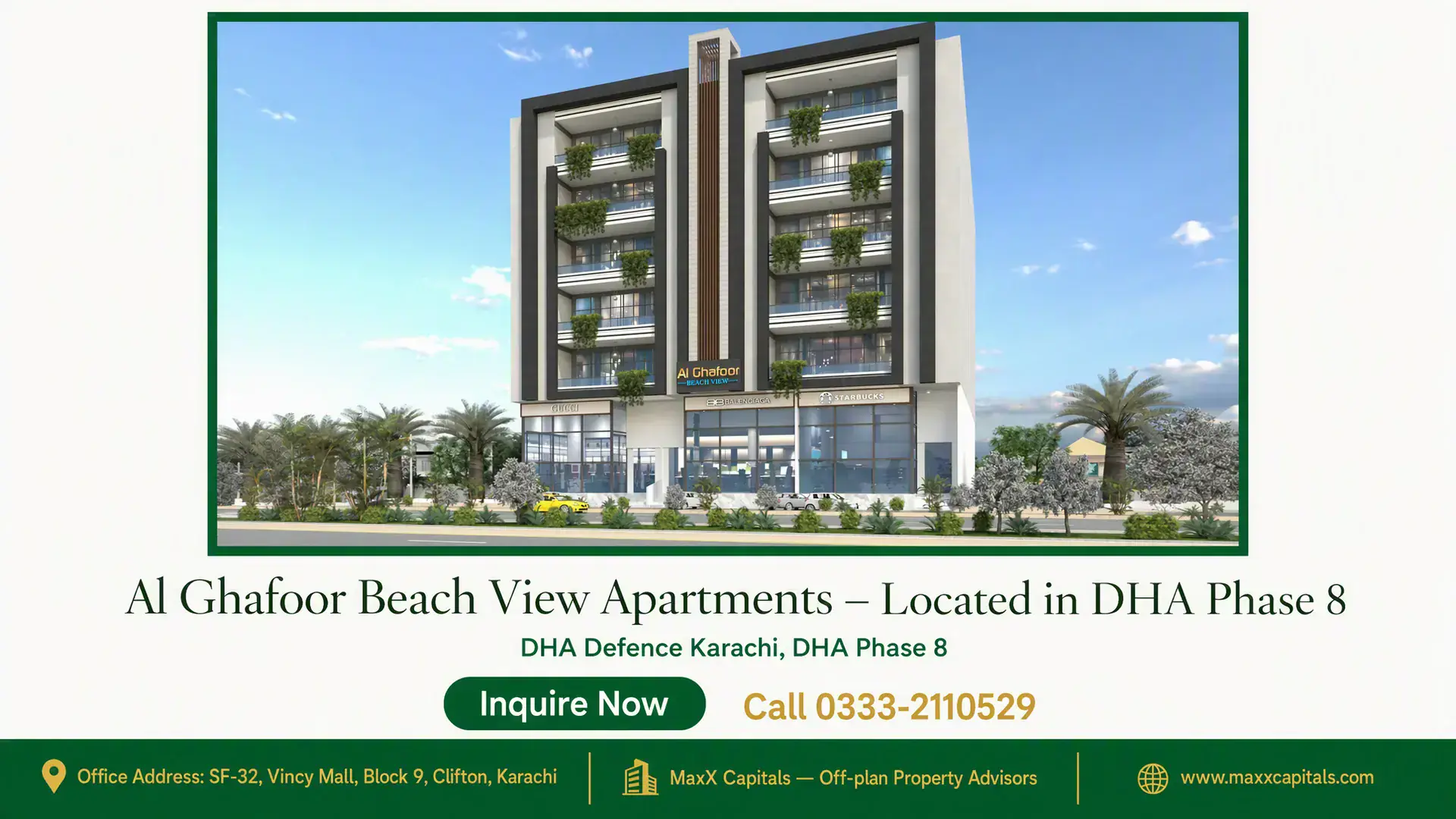 Al Ghafoor Beach View Apartments – Located in DHA Phase 8 Modern Al Ghafoor Beach View Apartments in DHA Phase 8 with a sleek facade, vertical gardens, and ground-floor retail spaces.