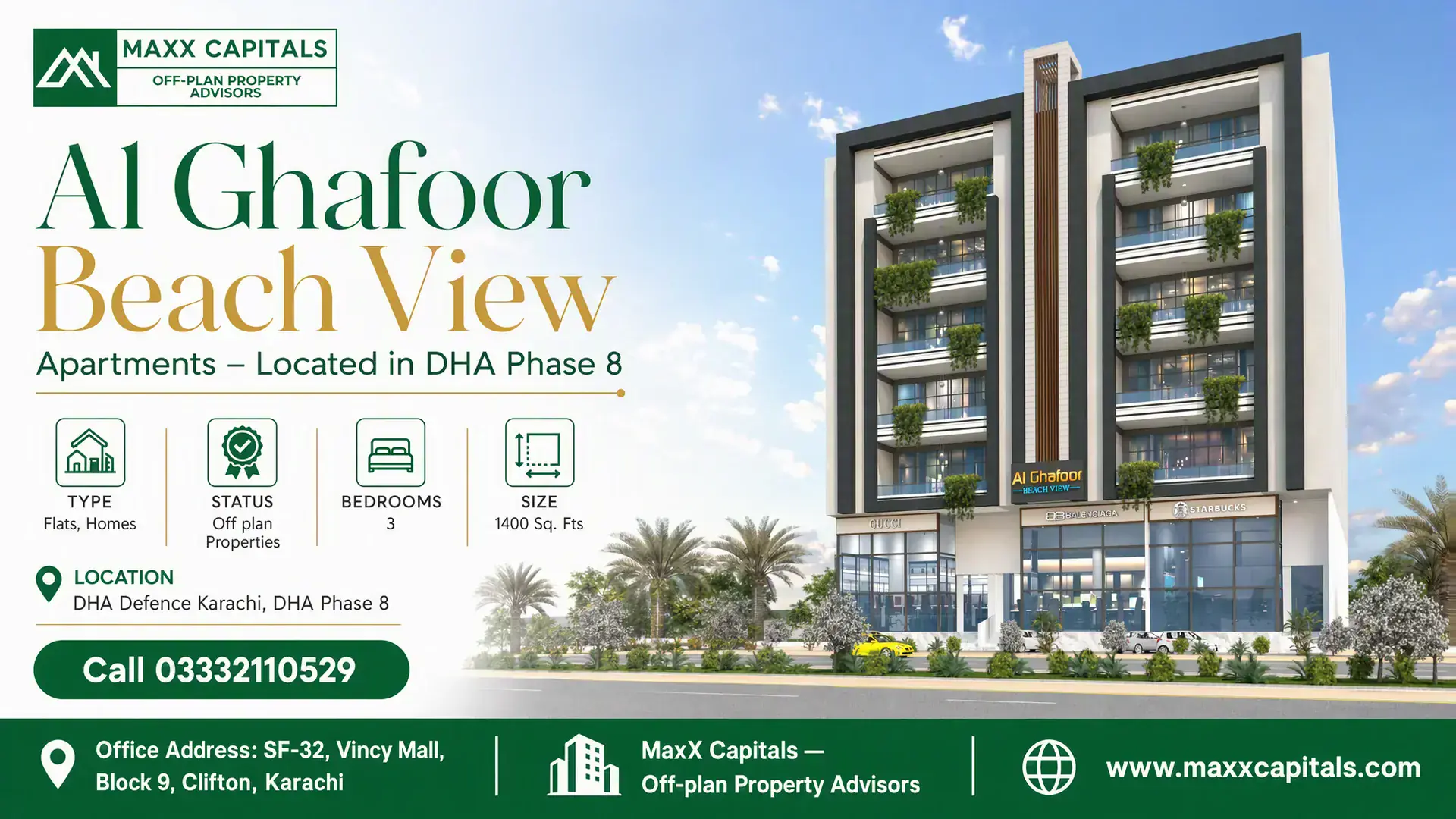 Al Ghafoor Beach View Apartments – Located in DHA Phase 8 Modern multi-story Al Ghafoor Beach View apartment complex in DHA Phase 8 with lush greenery and ground-level retail spaces.