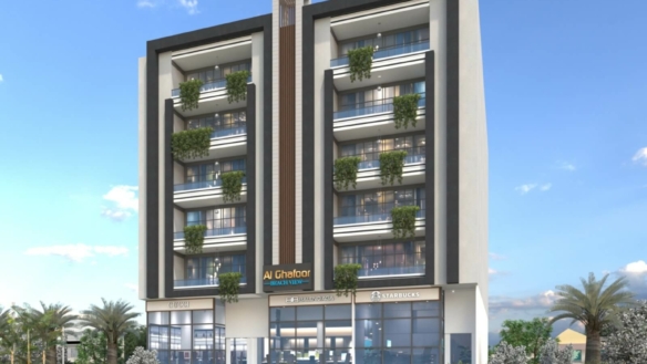 Al Ghafoor Beach View Apartments In Dha Phase 8: Modern White Facade With Green Balconies, Glass Entrance, Palm Trees