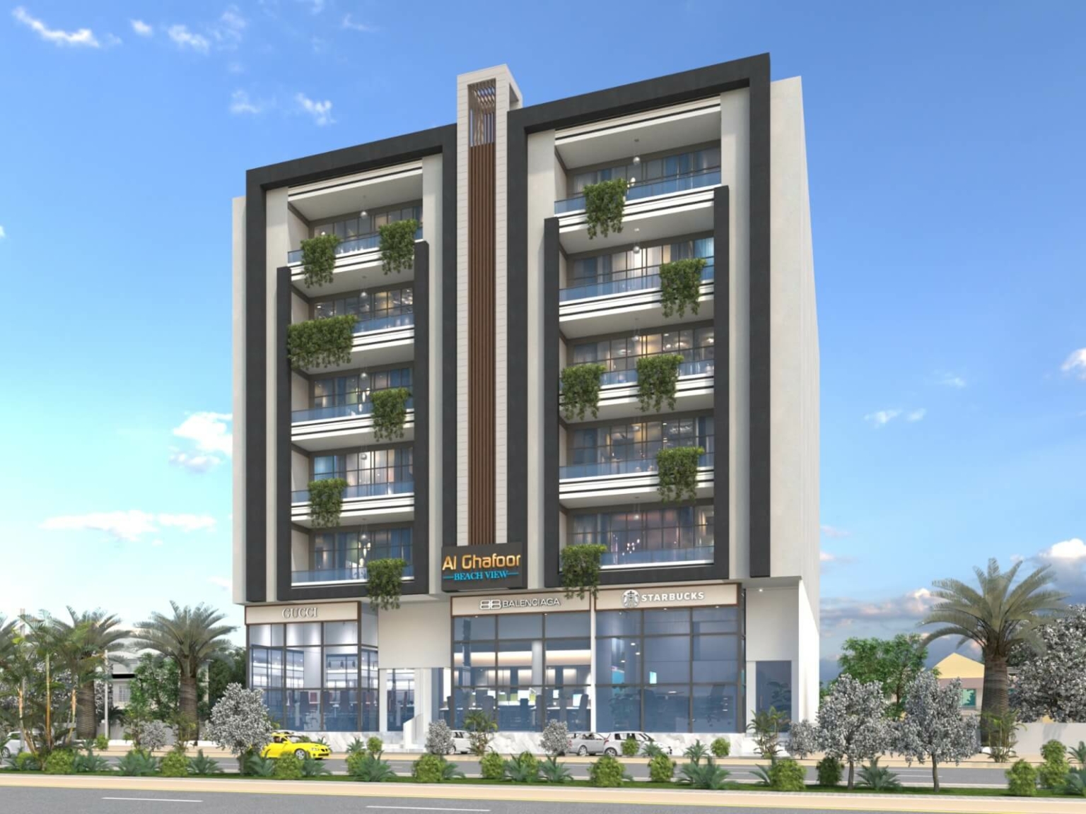 Al Ghafoor Beach View Apartments in DHA Phase 8: modern white facade with green balconies, glass entrance, palm trees