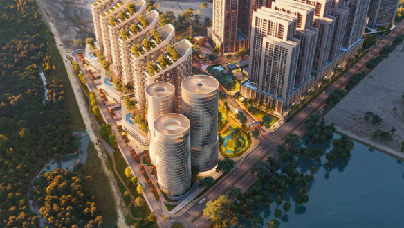 Aerial View Of The Mangrove Apartment Complex With Curved High-Rise Towers, Green Roofs, Mangroves, Pools, And Lagoon Waterfr