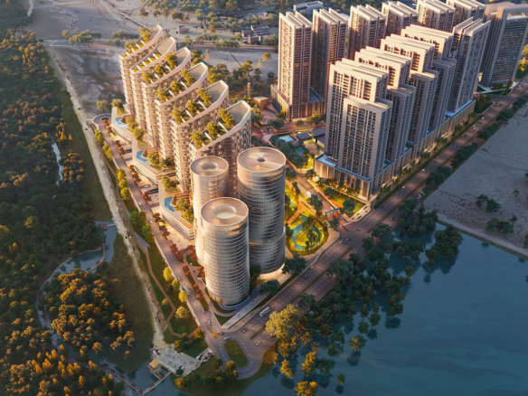 Aerial View Of The Mangrove Apartment Complex With Curved High-Rise Towers, Green Roofs, Mangroves, Pools, And Lagoon Waterfr