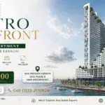 Metro Seafront Tower Render In Dha Phase 8 Karachi With Waterfront Podium And Balconies