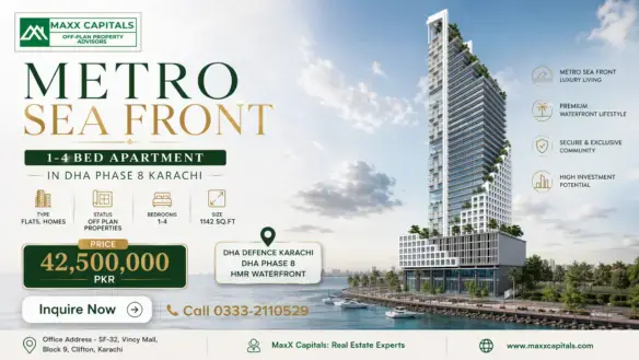 Metro Seafront Tower Render In Dha Phase 8 Karachi With Waterfront Podium And Balconies