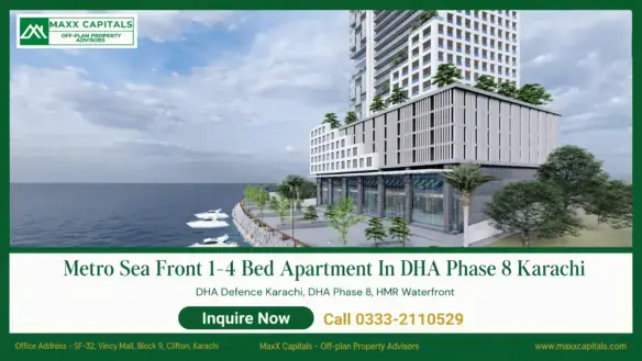 Metro SeaFront tower and podium on Karachi waterfront with glass retail frontage and landscaped promenade