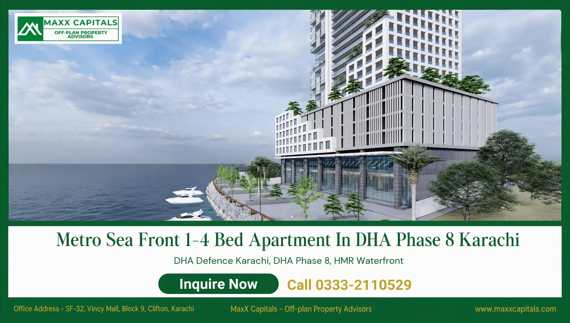 Metro SeaFront: Redefining Luxury at DHA Phase 8, Karachi Metro SeaFront tower and podium on Karachi waterfront with glass retail frontage and landscaped promenade