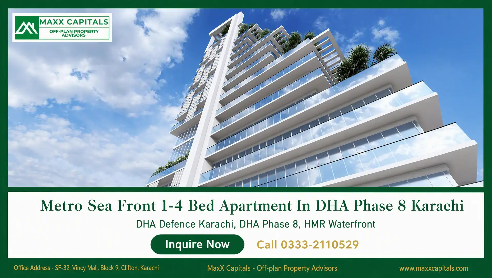 Metro SeaFront: Redefining Luxury at DHA Phase 8, Karachi Metro SeaFront tower with glass balconies, curved terraces, and rooftop greenery in DHA Phase 8 Karachi