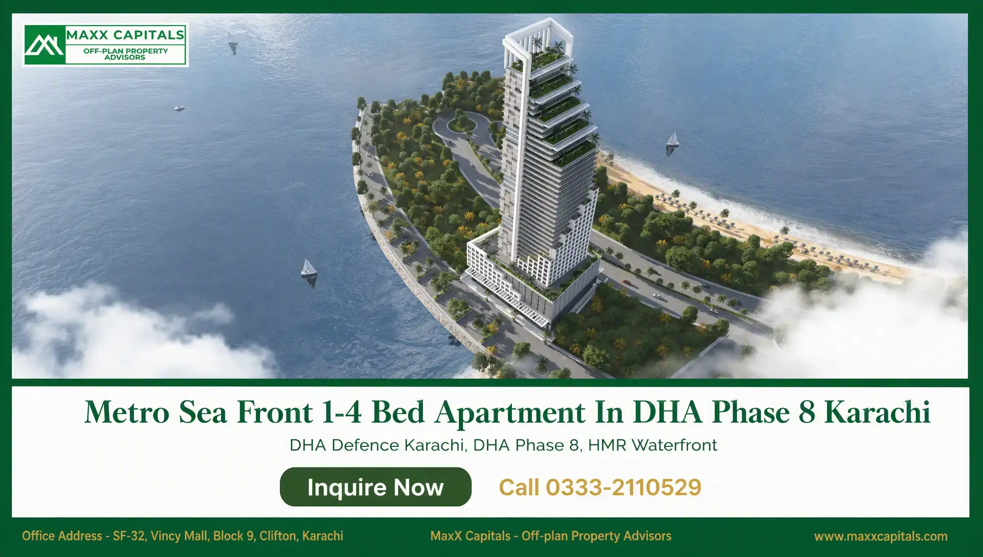 Metro SeaFront: Redefining Luxury at DHA Phase 8, Karachi Metro SeaFront tower rendering on a landscaped waterfront peninsula in DHA Phase 8, Karachi