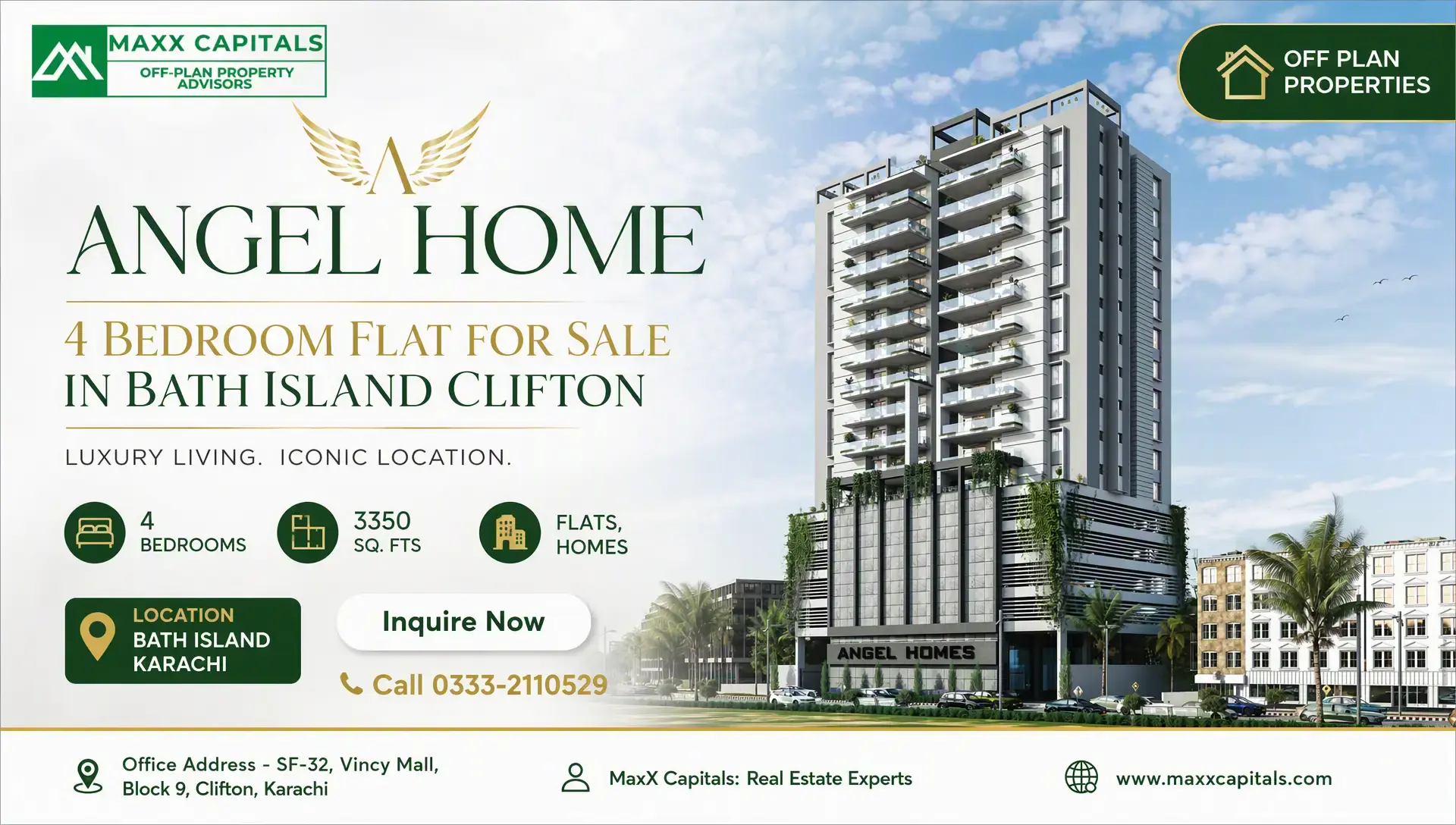 Angel Homes: 4-Bedroom Flat for Sale in Bath Island Clifton Angel Homes high-rise facade with balconies and podium in Bath Island Clifton