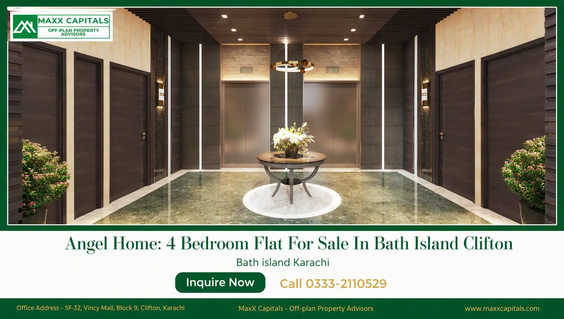 Angel Homes: 4-Bedroom Flat for Sale in Bath Island Clifton Angel Homes lobby with marble flooring, twin elevators, dark wood doors and modern pendant lighting