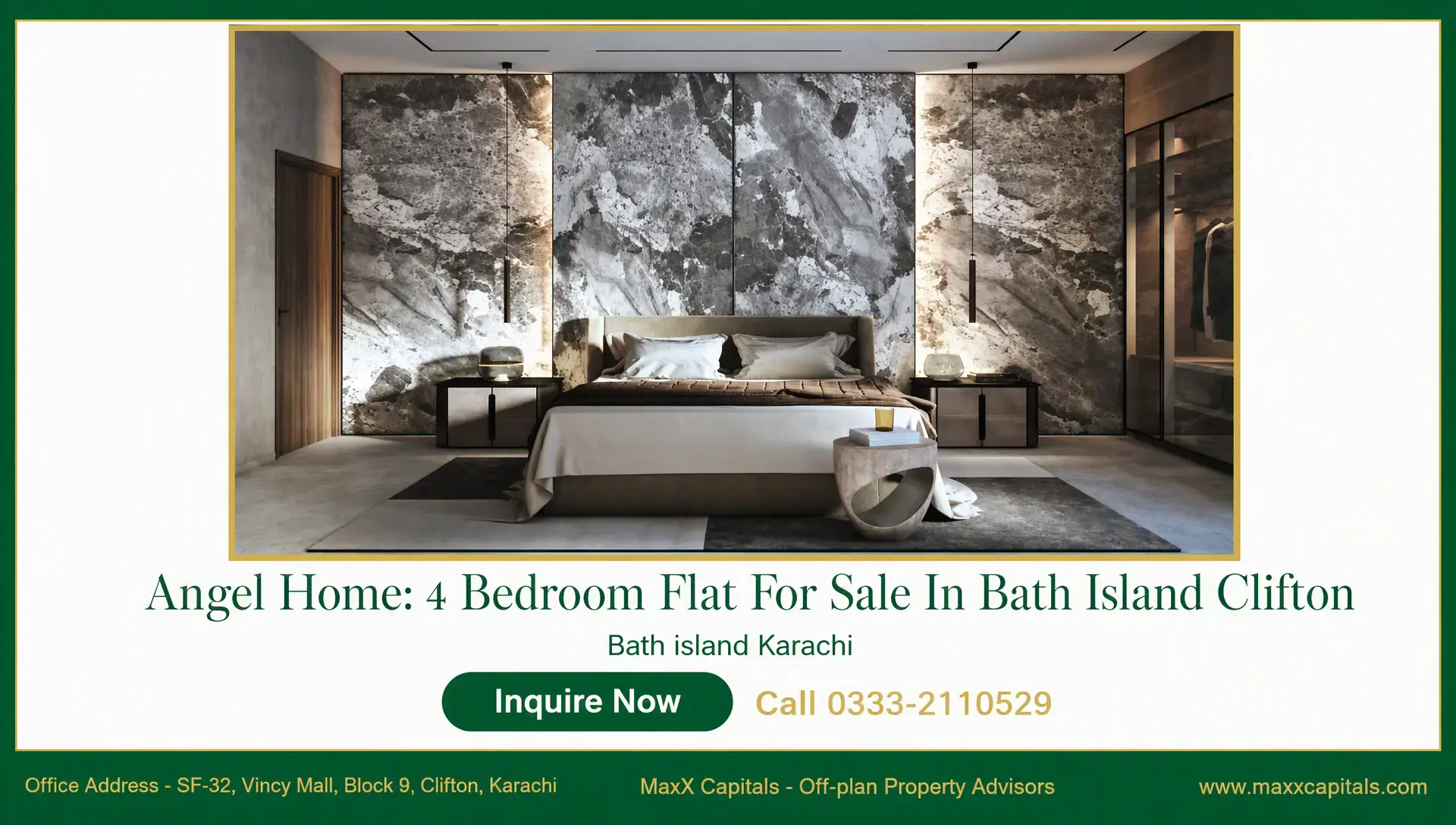 Angel Homes: 4-Bedroom Flat for Sale in Bath Island Clifton Angel Homes bedroom with marble feature wall, pendant lighting, and built-in wardrobe in a luxury flat