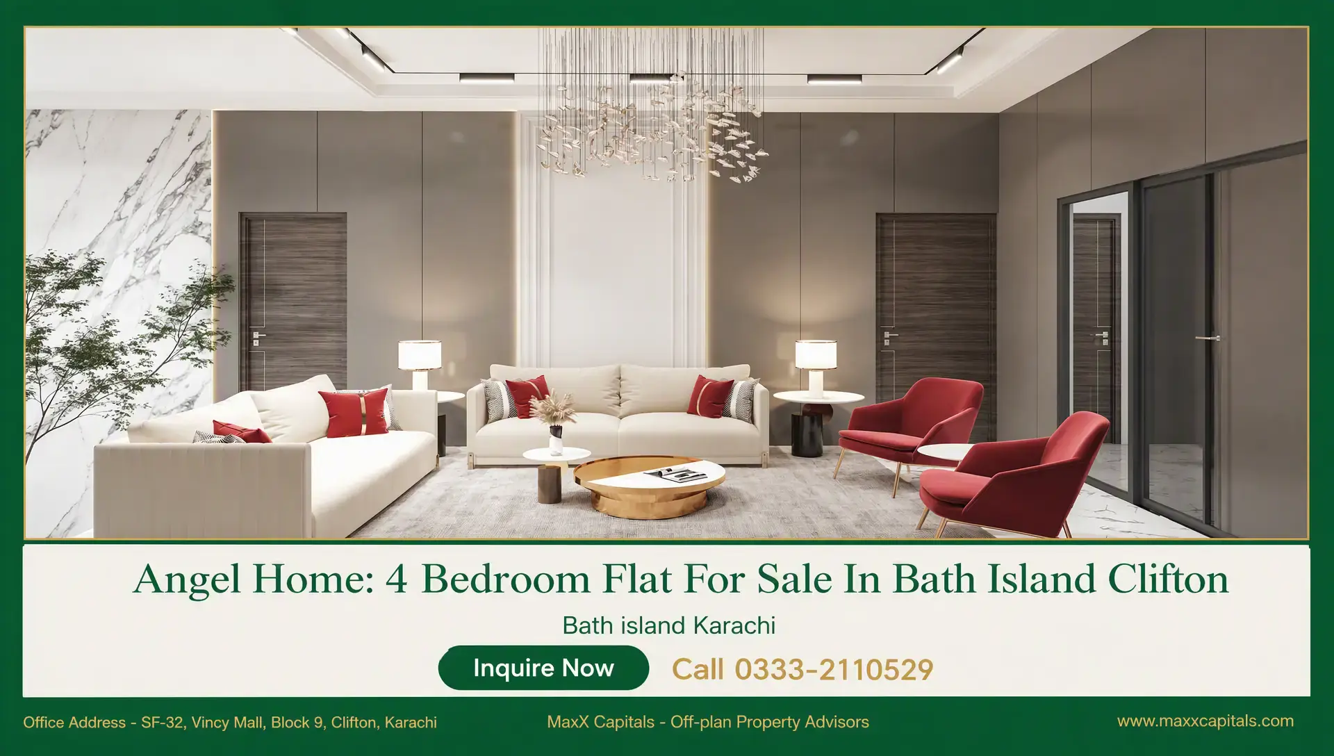 Angel Homes: 4-Bedroom Flat for Sale in Bath Island Clifton Angel Homes living room with marble accent wall, chandelier, neutral sofas and red lounge chairs