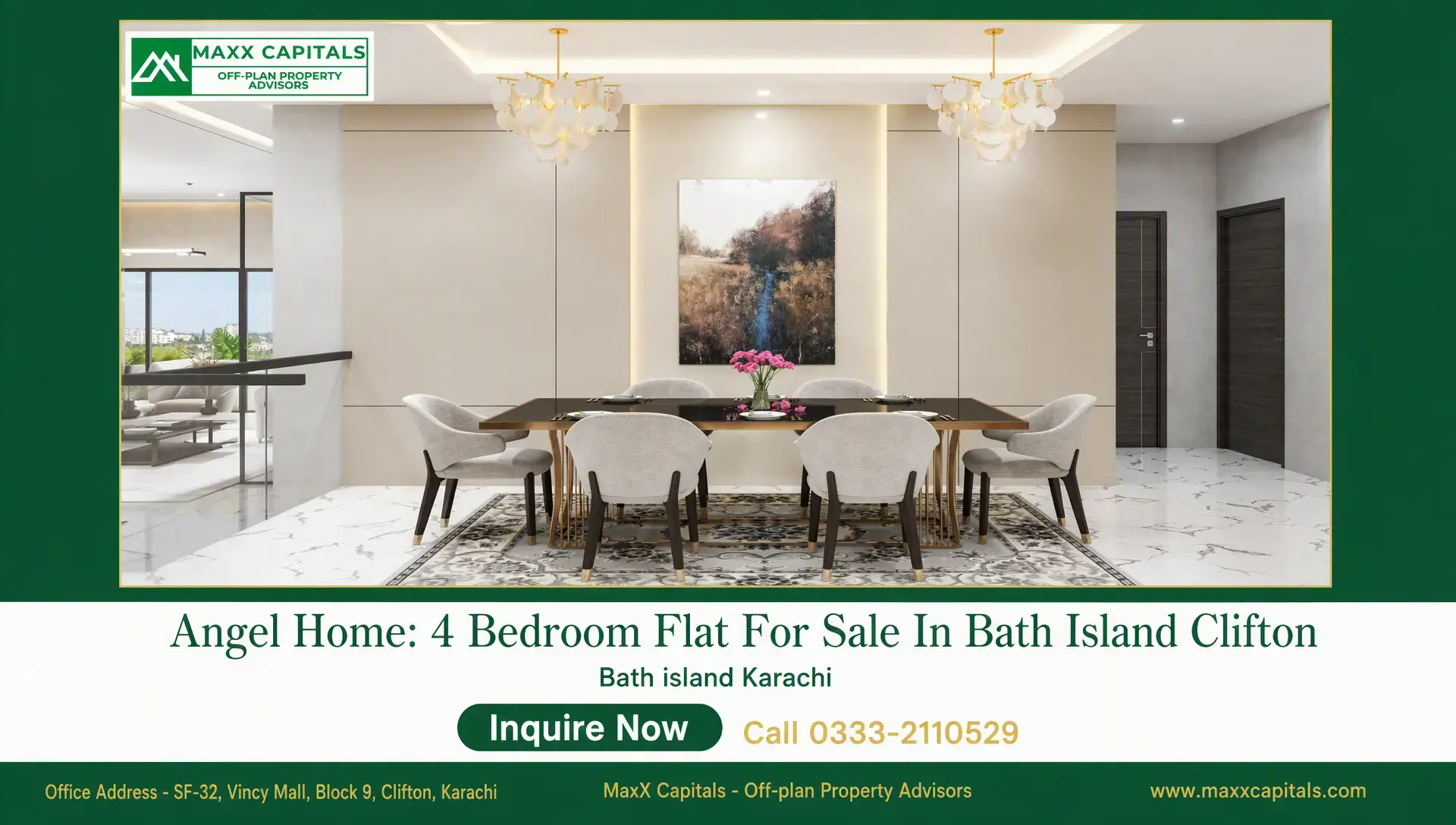 Angel Homes: 4-Bedroom Flat for Sale in Bath Island Clifton Angel Homes dining area with chandelier lighting, marble-style flooring, and glass railing in a modern flat