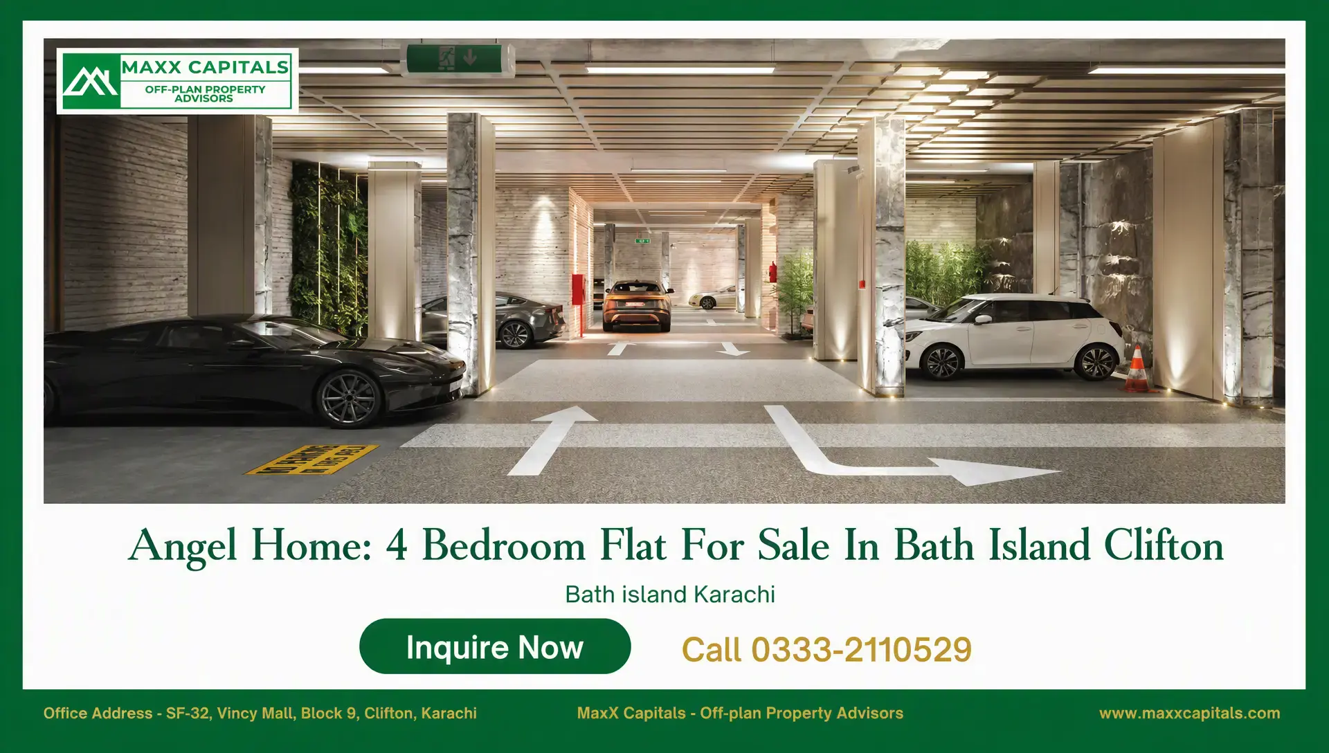 Angel Homes: 4-Bedroom Flat for Sale in Bath Island Clifton Angel Homes basement parking with polished columns, directional markings, and premium lighting