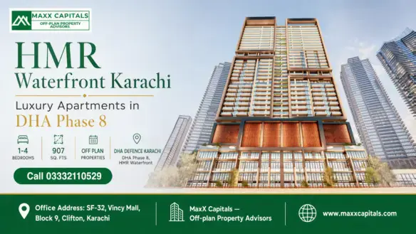 Luxury High-Rise Towers In Hmr Waterfront Karachi, Located In Dha Phase 8, Showcasing Contemporary Architecture And Upscale D