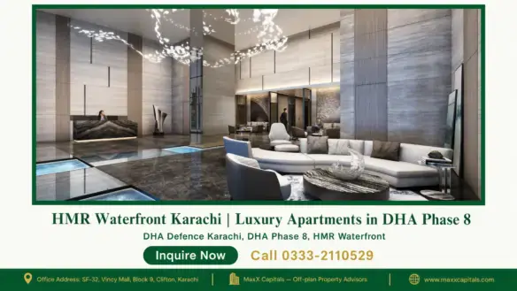 Luxurious lobby interior of HMR Waterfront Karachi featuring marble flooring, modern seating, and artistic lighting in DHA Ph