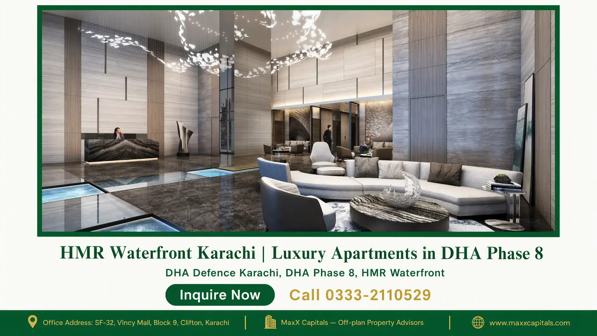 HMR Waterfront Karachi | Luxury Apartments in DHA Phase 8 Luxurious lobby interior of HMR Waterfront Karachi featuring marble flooring, modern seating, and artistic lighting in DHA Ph