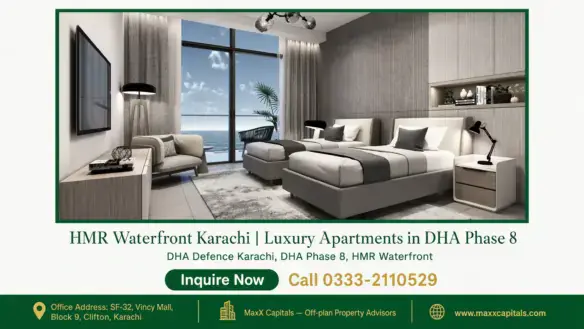 Luxury bedroom in HMR Waterfront Karachi with twin beds, modern furnishings, and a view of the sea from large glass doors.