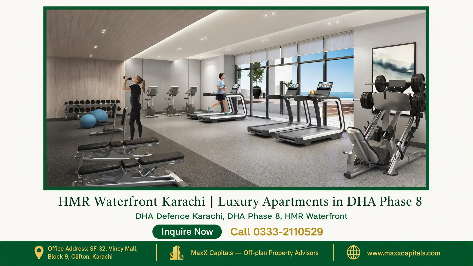 HMR Waterfront Karachi | Luxury Apartments in DHA Phase 8 Modern fitness center with treadmills, weight machines, and free weights at HMR Waterfront Karachi in DHA Phase 8.