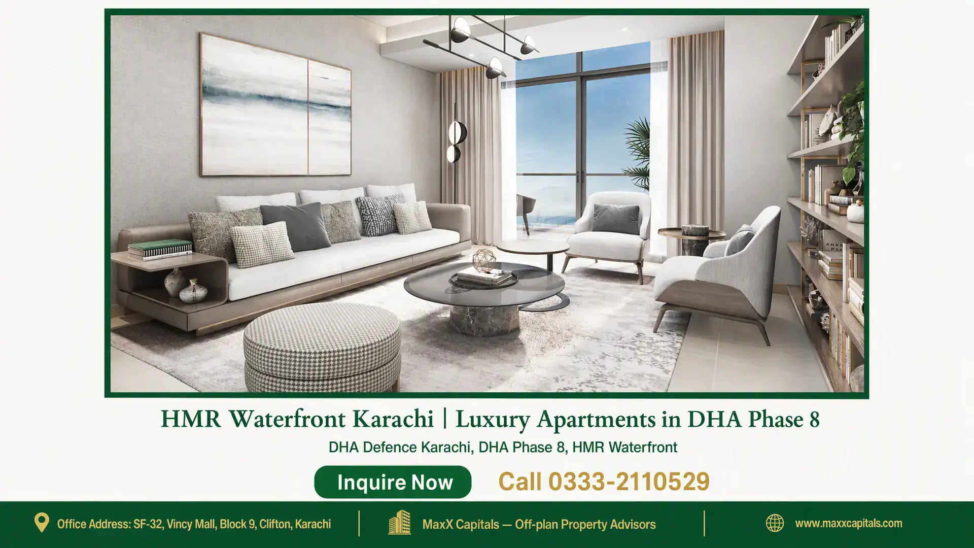 HMR Waterfront Karachi | Luxury Apartments in DHA Phase 8 Luxury living room with contemporary furniture, ocean view through glass doors, at HMR Waterfront Karachi in DHA Phase 8.