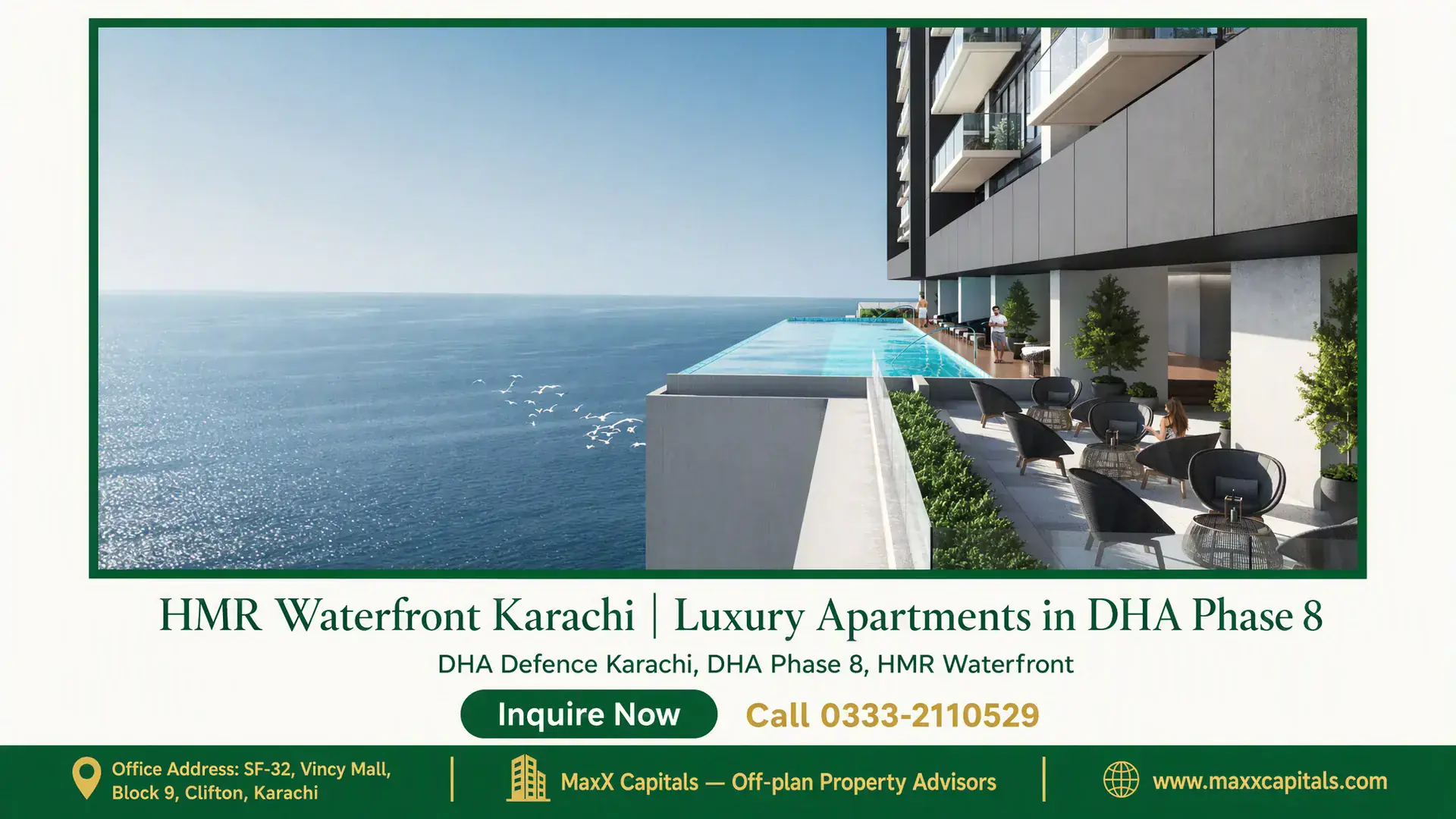 HMR Waterfront Karachi | Luxury Apartments in DHA Phase 8 Luxurious infinity pool overlooking the ocean at HMR Waterfront Karachi with modern seating and greenery on the terrace.