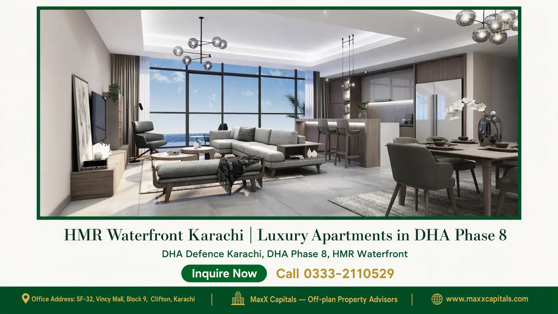 HMR Waterfront Karachi | Luxury Apartments in DHA Phase 8 Elegant open-plan living area in HMR Waterfront Karachi, featuring modern furniture, sea-facing glass windows, and a dining s