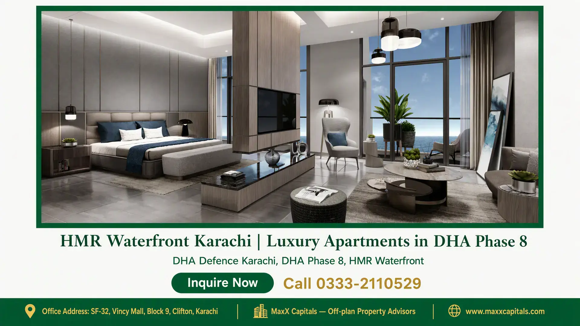 HMR Waterfront Karachi | Luxury Apartments in DHA Phase 8 Luxuriously designed bedroom and living area with modern furnishings, large floor-to-ceiling windows overlooking the ocean at