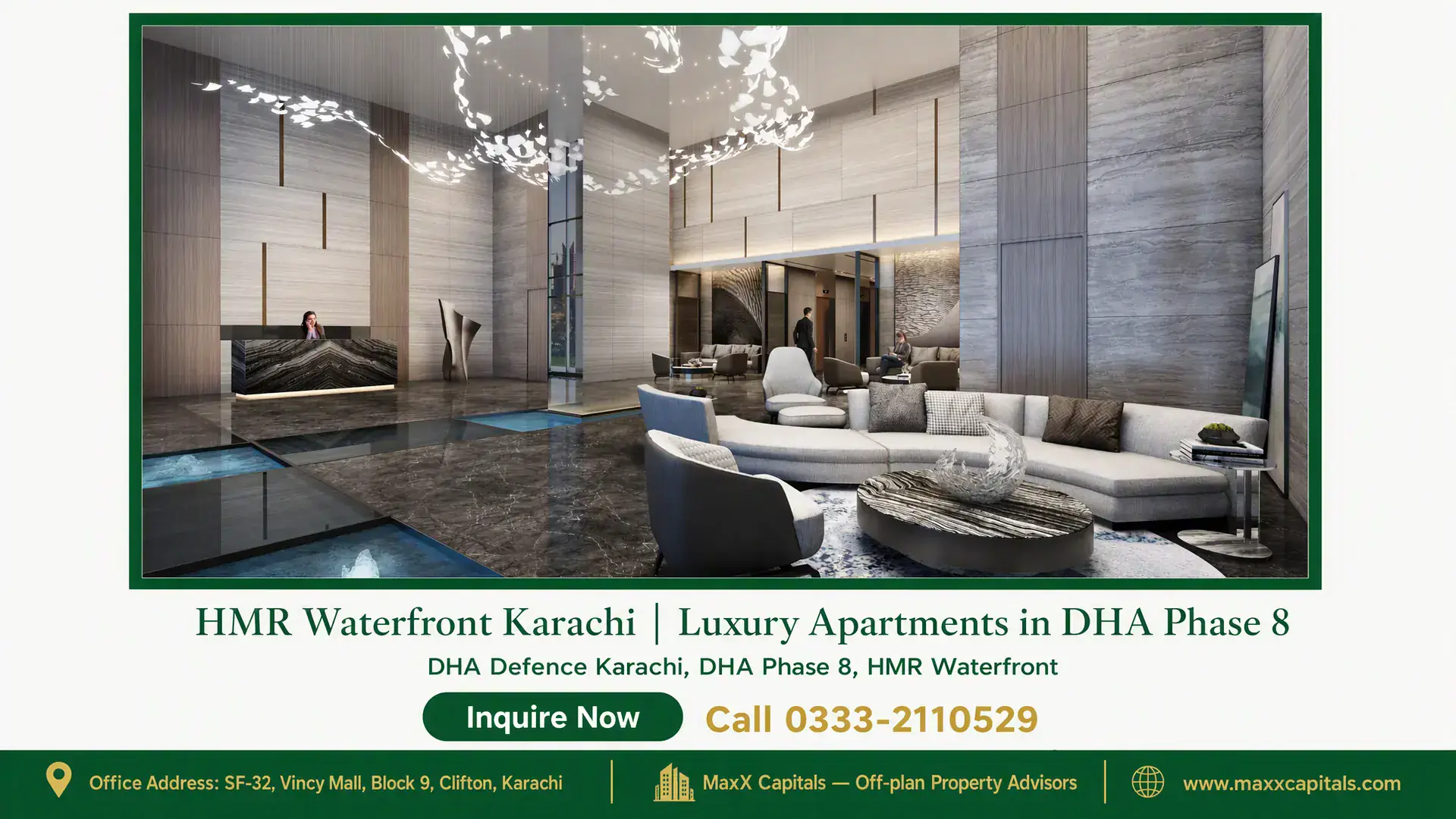 HMR Waterfront Karachi | Luxury Apartments in DHA Phase 8 Modern lobby interior at HMR Waterfront Karachi, featuring marble flooring, contemporary decor, and plush seating in DHA Phas