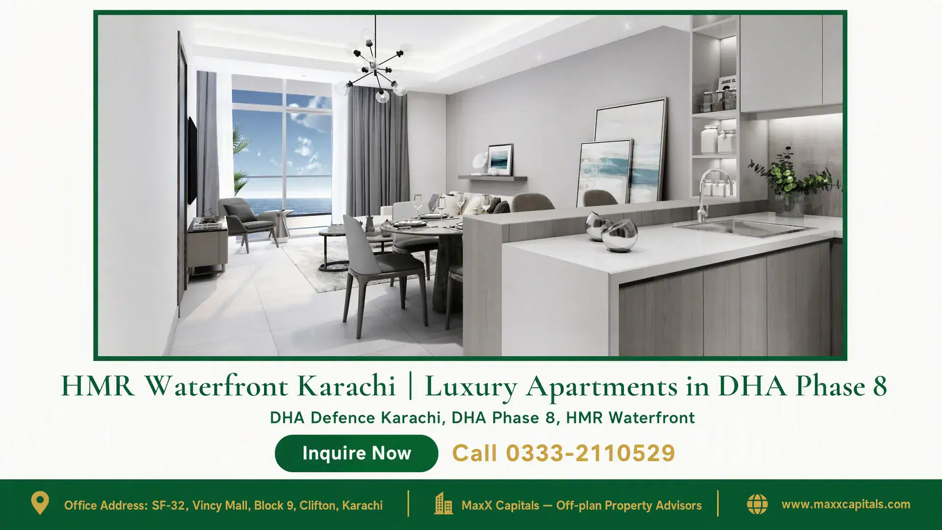 HMR Waterfront Karachi | Luxury Apartments in DHA Phase 8 Modern luxury apartment interior with open kitchen, dining area, and large windows overlooking the sea at HMR Waterfront Kara