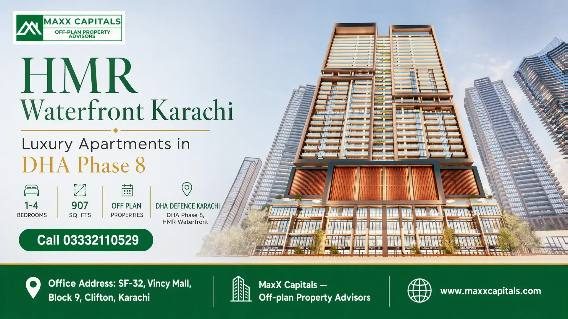 HMR Waterfront Karachi | Luxury Apartments in DHA Phase 8 Luxury high-rise towers in HMR Waterfront Karachi, located in DHA Phase 8, showcasing contemporary architecture and upscale d