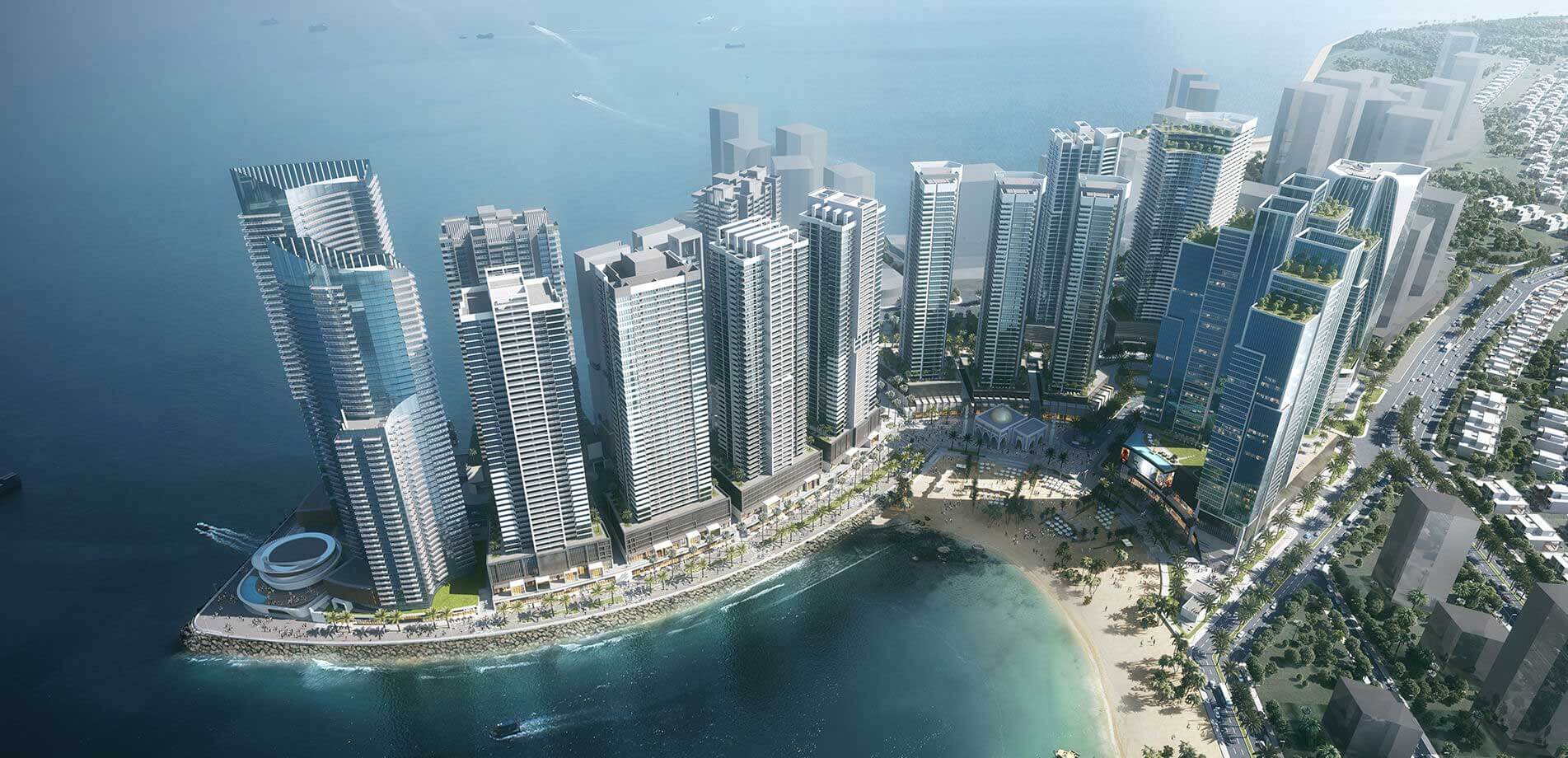 HMR Waterfront Karachi Luxury Apartments & Townhouses in DHA Phase 8 Karacahi MaxX Capitals (1) Aerial view of HMR Waterfront Karachi luxury apartments in DHA Phase 8, modern high-rise towers curving around waterfront bea