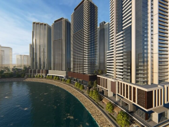 Modern High-Rise Luxury Apartments At Hmr Waterfront Karachi In Dha Phase 8 Along Curved Waterfront With Promenade And Greene