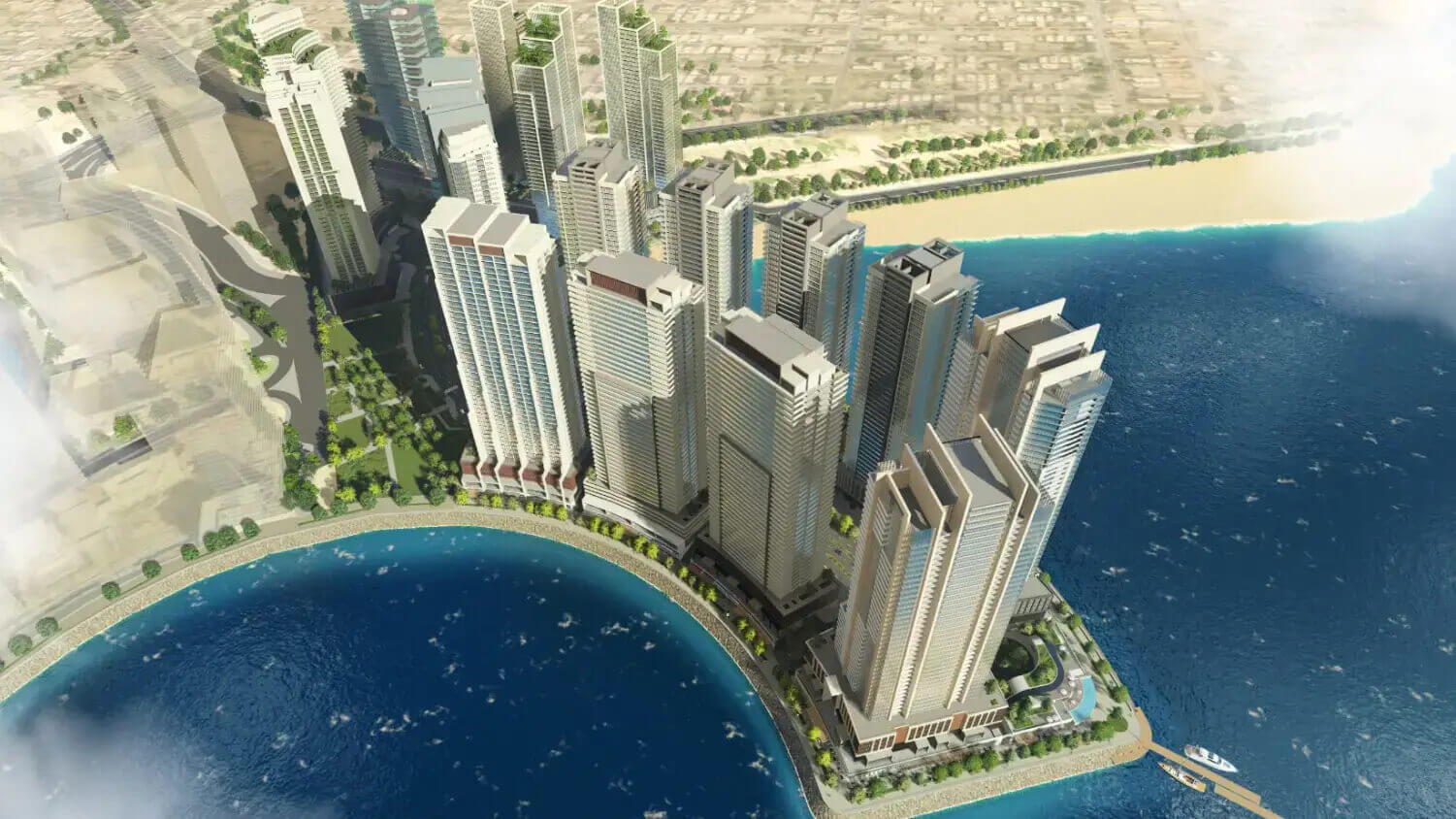 HMR Waterfront Karachi Luxury Apartments & Townhouses in DHA Phase 8 Karacahi MaxX Capitals (3) Aerial view of HMR Waterfront Karachi luxury high-rise apartments in DHA Phase 8 along curved waterfront with palm trees and
