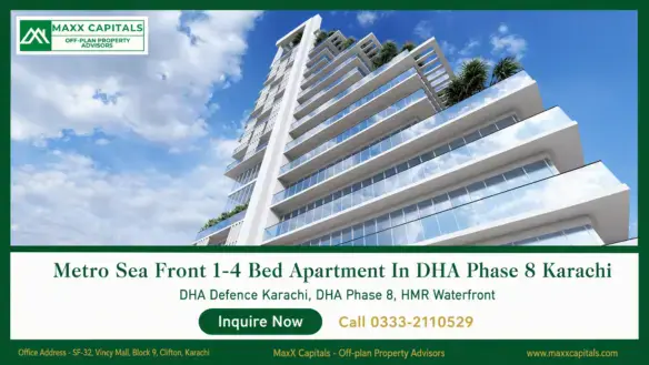 Metro Sea Front high-rise apartment façade with glass balconies and sky terraces in DHA Phase 8 Karachi