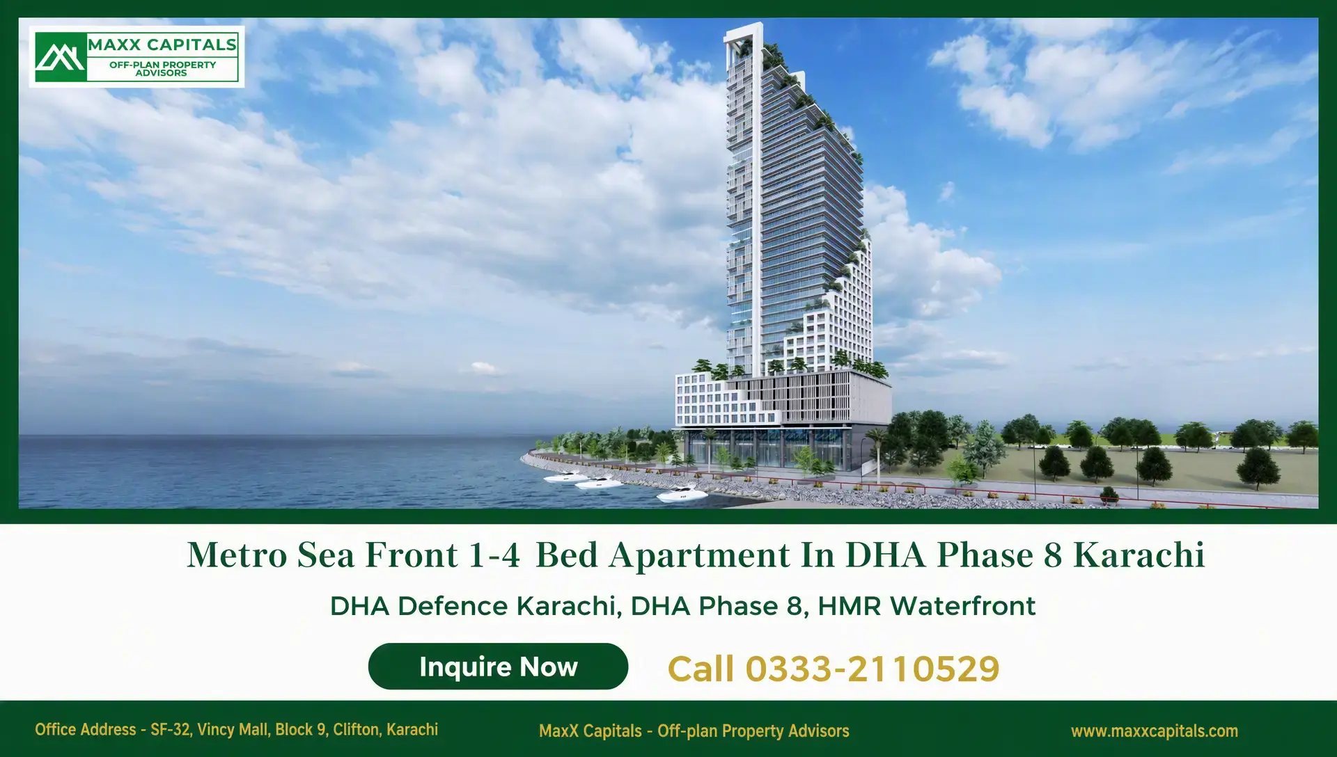 Metro Sea Front 1-4 Bed Apartment In DHA Phase 8 Karachi Metro Sea Front tower with glass balconies beside the waterfront in DHA Phase 8 Karachi