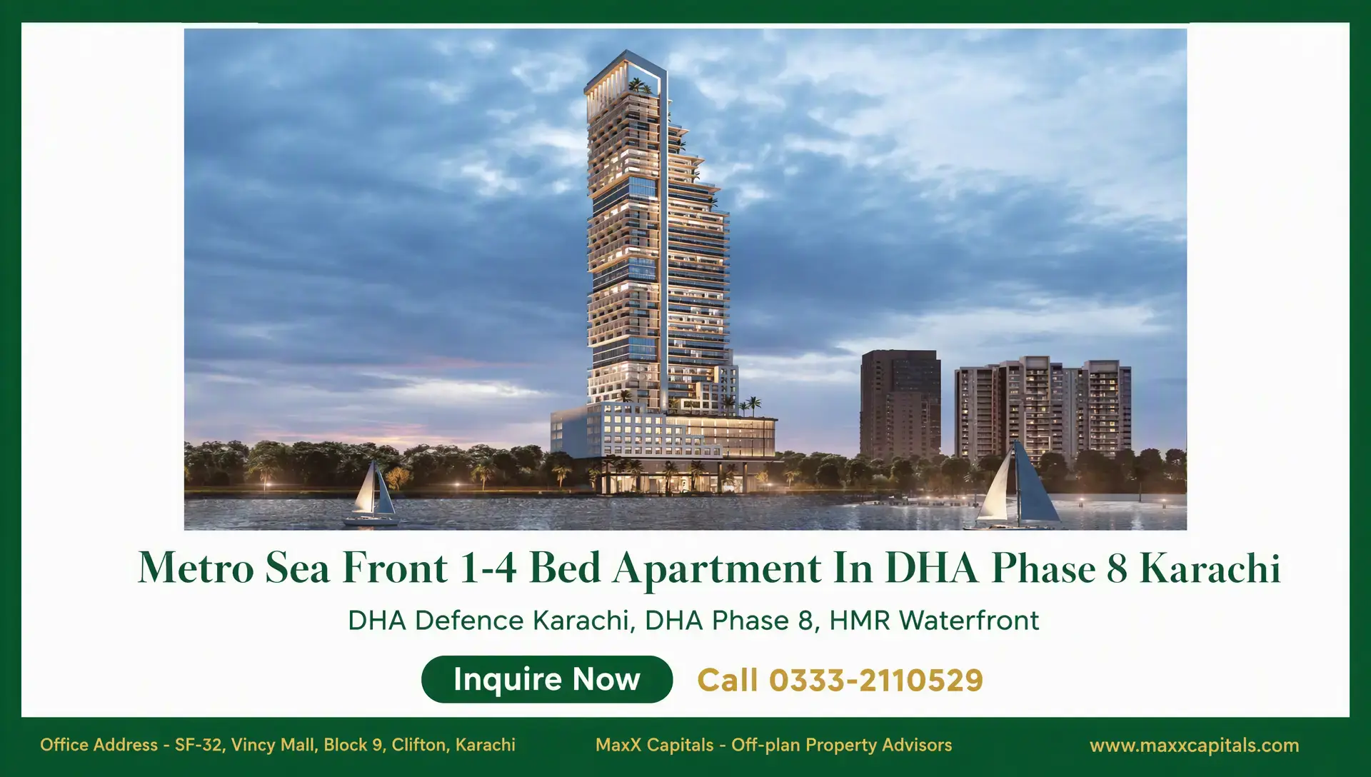Metro Sea Front 1-4 Bed Apartment In DHA Phase 8 Karachi Metro Sea Front tower overlooking waterfront, with stepped balconies and sailboats near DHA Phase 8 Karachi