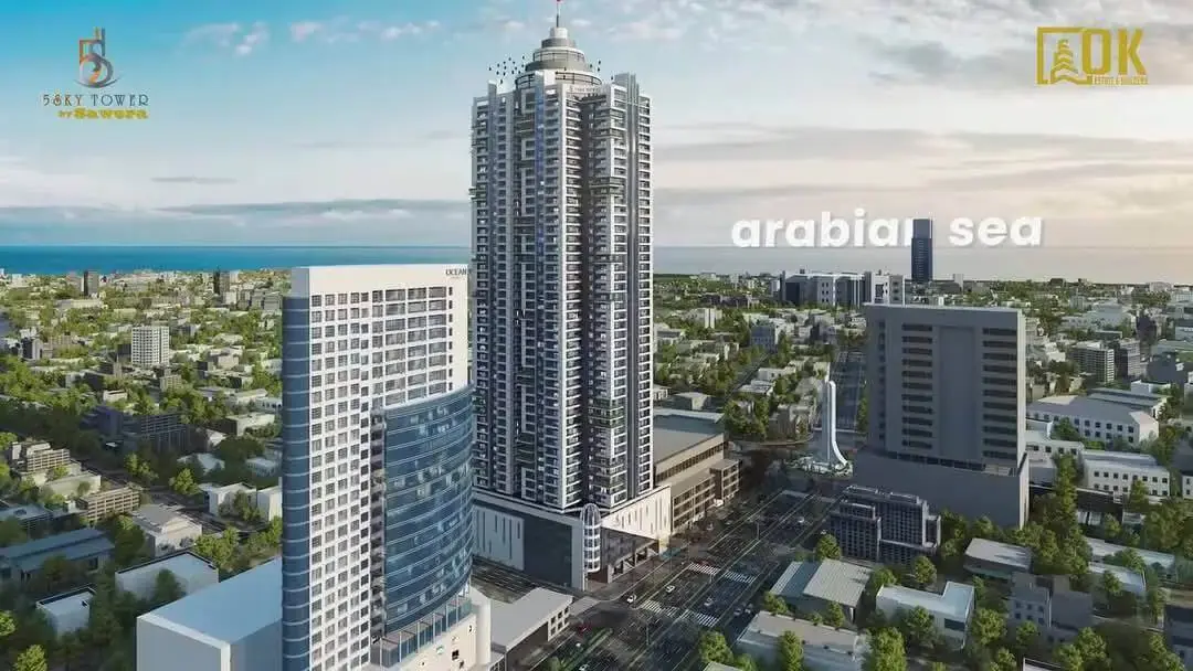 MaxX Capitals aerial view of Sawera 5 Sky Tower high-rise apartments in Clifton with sea backdrop