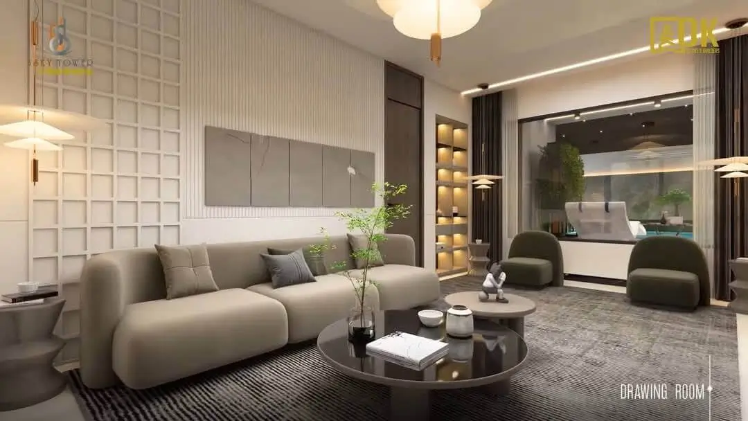 Sawera 5 Sky Tower Clifton Karachi Luxury 3 & 4-Bed Apartments with Pool & 4-Year Installment Plan (5) Sawera 5 Sky Tower Clifton drawing room with sofa seating and modern interior by MaxX Capitals