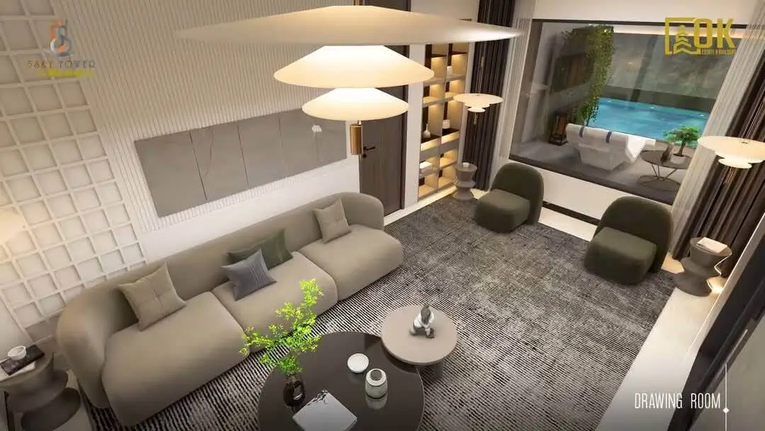 Sawera 5 Sky Tower Clifton Karachi Luxury 3 & 4-Bed Apartments with Pool & 4-Year Installment Plan (6) MaxX Capitals luxury drawing room at Sawera 5 Sky Tower, Clifton, with sofa seating, pendant lights, and large window