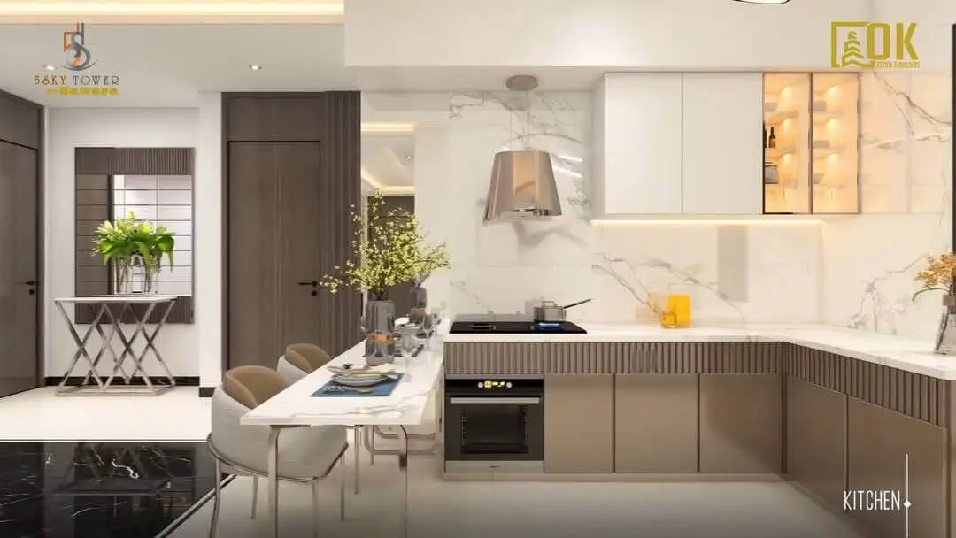 Sawera 5 Sky Tower Clifton Karachi Luxury 3 & 4-Bed Apartments with Pool & 4-Year Installment Plan (7) Sawera 5 Sky Tower Clifton kitchen by MaxX Capitals with marble counters, island dining, and modern cabinetry