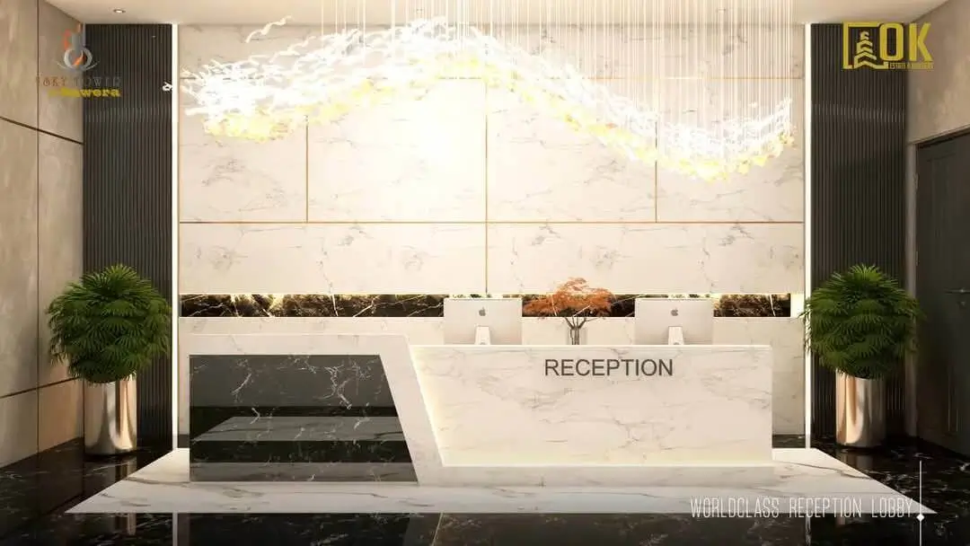 Sawera 5 Sky Tower Clifton Karachi Luxury 3 & 4-Bed Apartments with Pool & 4-Year Installment Plan (8) Sawera 5 Sky Tower reception lobby in Clifton with marble finishes and MaxX Capitals branding