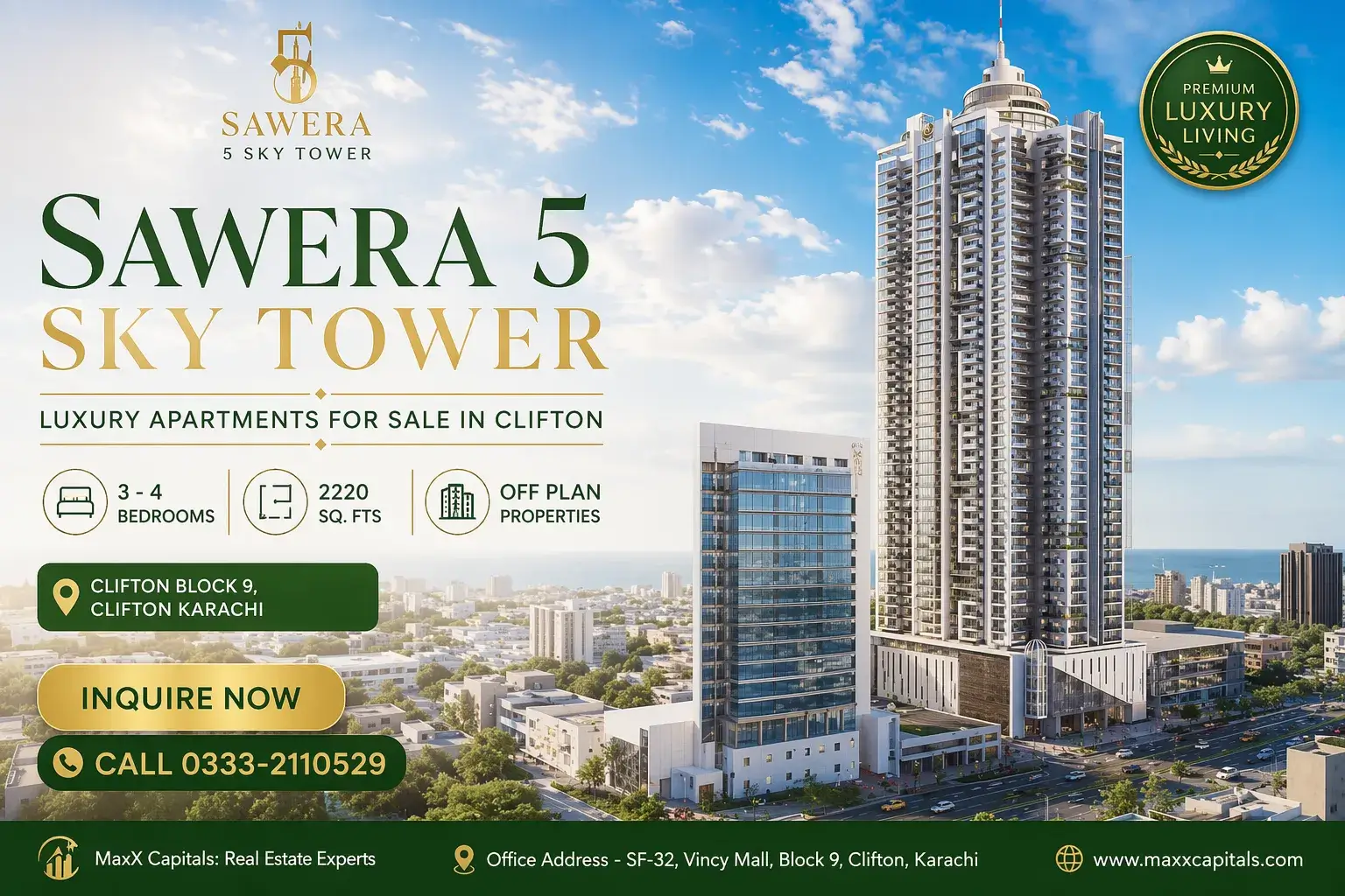 Sawera 5 Sky Tower Clifton Karachi Luxury 3 & 4-Bed Apartments with Pool & 4-Year Installment Plan Sawera 5 Sky Tower luxury apartment tower in Clifton Karachi with sea view, MaxX Capitals