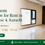 Bright Bungalow For Rent In Dha Phase 4, Karachi With Polished Tile Floor, Large Window, And Paneled Accent Wall
