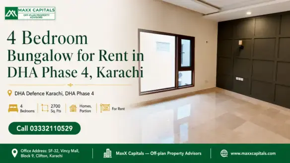 Bright Bungalow For Rent In Dha Phase 4, Karachi With Polished Tile Floor, Large Window, And Paneled Accent Wall