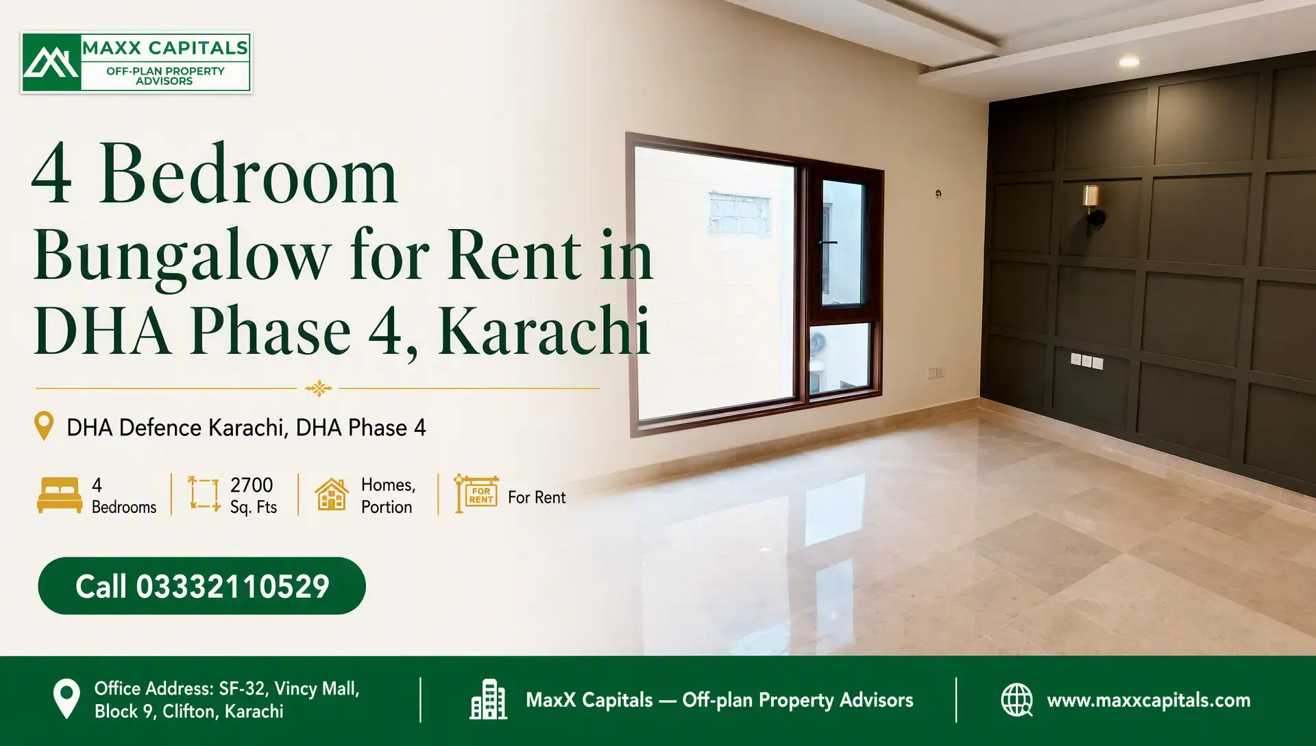 4 Bedroom Bungalow Portion for Rent in DHA Phase 4, Karachi Bright bungalow for rent in DHA Phase 4, Karachi with polished tile floor, large window, and paneled accent wall