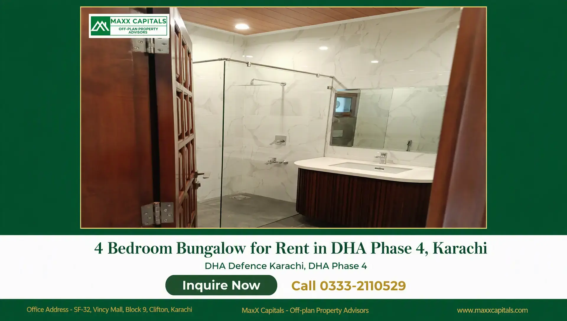 4 Bedroom Bungalow Portion for Rent in DHA Phase 4, Karachi Luxury bungalow for rent in DHA Phase 4 bathroom with glass shower, marble-look walls, and wood vanity