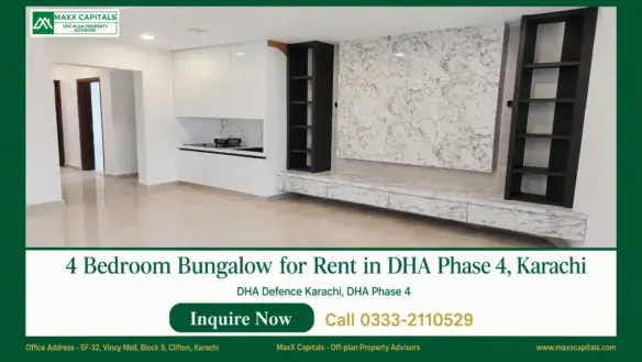 Modern bungalow for rent in DHA Phase 4 with marble TV feature wall, built-in cabinetry, and polished flooring